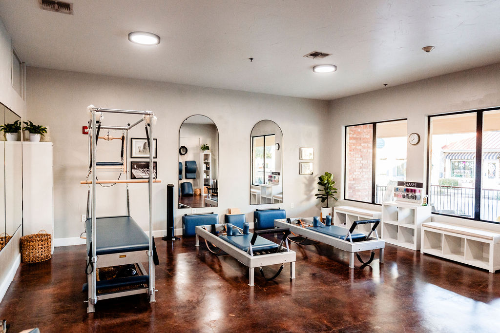 Interior of Gruene Pilates classical Pilates studio in New Braunfels with reformer and tower equipment